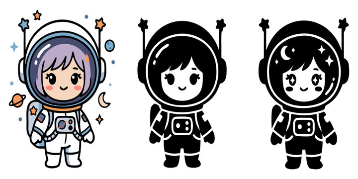 Cute kawaii astronaut girl space exploration vector icon set with astronaut character exploration isolated