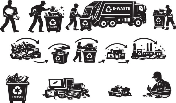 Ewaste recycling process infographic with silhouettes