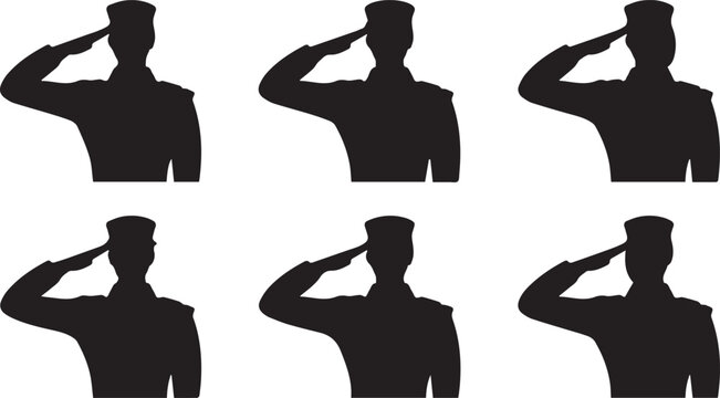 Silhouettes of soldiers saluting in various positions isolated on white background