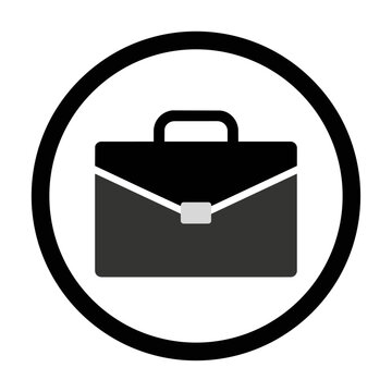 Minimalist professional briefcase icon contained in a simple circle shape isolated on a white background business travel concept