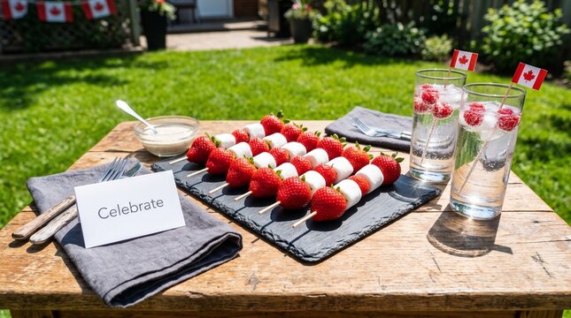 Canada Day backyard celebration with strawberry marshmallow skewers, festive drinks, and maple leaf flags on a rustic wooden table in a sunny garden.