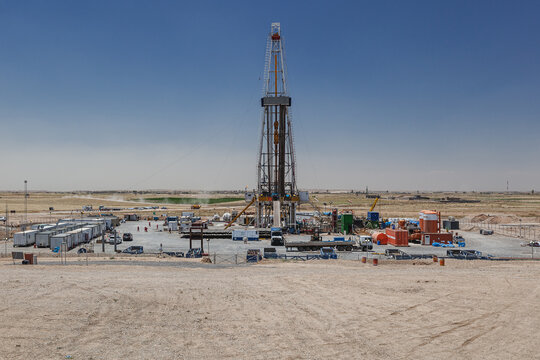 Wide Overview of Onshore Oil Drilling Rig and Base Camp Near Erbil, Iraq