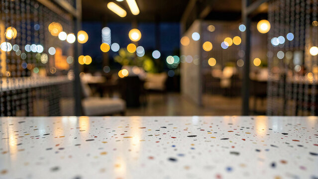 Terrazzo Tabletop With Embedded Marble Flecks on Chic Rooftop Lounge with Ambient Warm Uplighting Lu