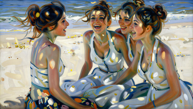 Frauen lachen am Strand im kunstvollen Gem&auml;lde-Stil