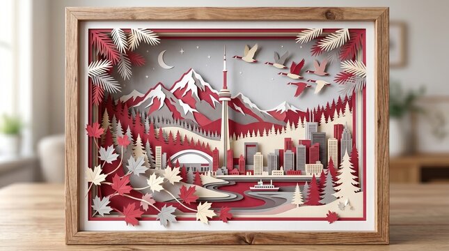 3D paper-cut shadowbox of Canadian landmarks, CN Tower, mountains, city skyline, and maple leaves in national red and white colors.