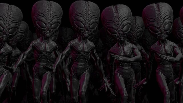 Seamless loopable animation of a group of terror aliens sassy walking 