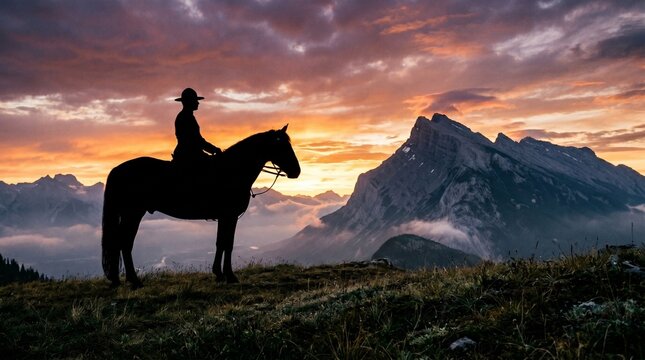RCMP silhouette on horseback at sunset with Mount Rundle backdrop, iconic Canadian Rockies landscape, patriotic Canada Day theme, heritage and wilderness scenery.