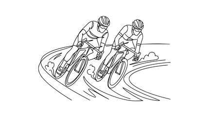 Obraz premium Two cyclists racing on a track, dynamic line art illustration