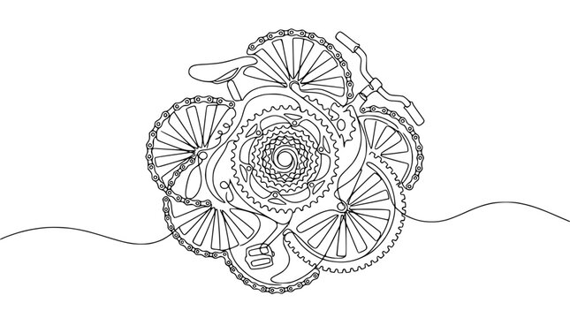 Abstract continuous line drawing of bicycle parts arranged in a circular floral pattern.