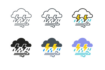 Fototapeta premium Storm conditions icon showing dark clouds, lightning bolts, rain, and wind symbols arranged to represent severe weather, repeated
