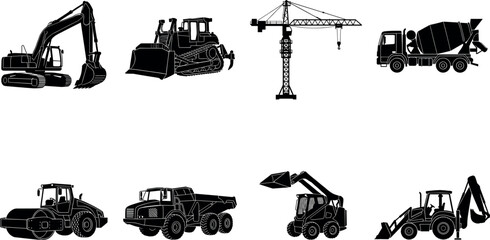Obraz premium Construction Vehicle Silhouettes Featuring Excavator Bulldozer Crane Mixer Truck and MoreConstruction Vehicle Silhouettes Featuring Excavator Bulldozer Crane Mixer Truck and More