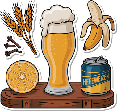 Classic Wheat Beer Hefeweizen Elements Sticker Sheet, Cute German Ale and Pretzel Mascot Vector