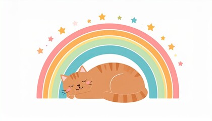 Naklejka premium Curled Sleeping Cat Rests Peacefully Beneath a Colorful Rainbow Arch With Twinkling Stars