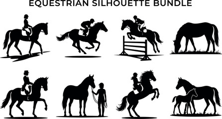 Fototapeta premium Equestrian Silhouette Bundle Featuring Horse Riding Jumping Dressage and Grazing ScenesEquestrian Silhouette Bundle Featuring Horse Riding Jumping Dressage and Grazing Scenes