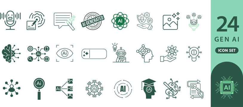 Collection of 24 Gen AI icons representing artificial intelligence, machine learning, and modern technology concepts