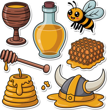 Historic Traditional Mead Elements Sticker Sheet, Cute Honey Wine Barrel and Medieval Goblet Mascot Vector