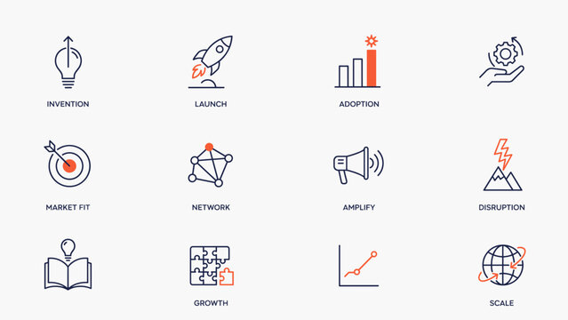Startup pitch deck product breakthrough vector icon sheet &ndash; Suitable for investor presentations, entrepreneurship workshops, or business model design.