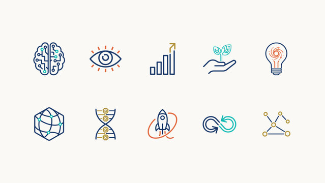 Flat future concepts and technology vision vector icon sheet &ndash; Perfect for strategic foresight reports, innovation lab branding, or creative agency mood boards.