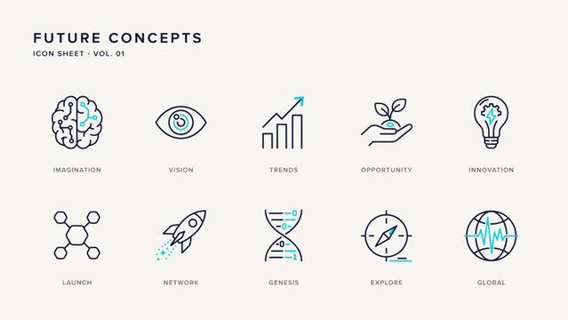 Linear future concepts vector icon sheet with text captions &ndash; Great for science fiction publishing, visionary leadership blogs, or advanced technology marketing.