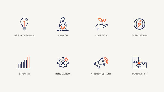 Two tone product breakthrough vector icon sheet with labels &ndash; Ideal for minimum viable product launches, growth hacking blogs, or digital strategy.