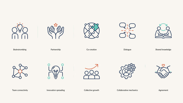 Linear creative collaboration and co creation vector icon sheet &ndash; Ideal for design sprint workshops, creative agency portfolios, or remote teamwork training.