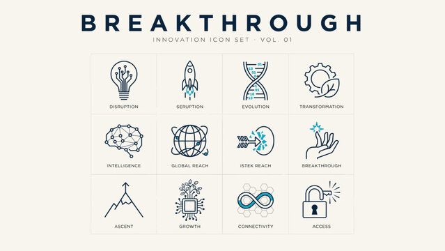 Breakthrough technology and digital disruption vector icon sheet &ndash; Perfect for technology consulting services, strategic foresight reports, or software development blogs.