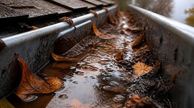 Clogged metal rain gutter filled with wet autumn leaves and standing water.