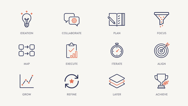 Flat creative workflow and process optimization vector icon sheet &ndash; Ideal for task management applications, marketing agency portfolios, or employee training manuals.