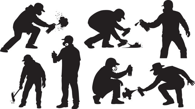 Graffiti artist and hooligans creating urban street art, editable vector silhouette illustration.