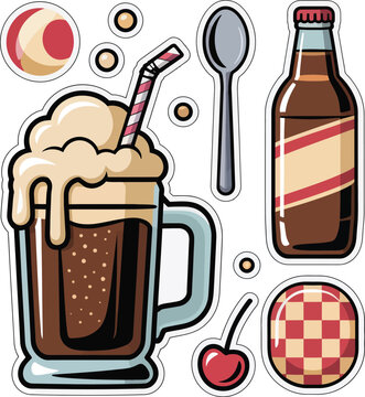 Classic Root Beer Float Elements Sticker Sheet, Cute Retro Diner Ice Cream Soda and Sweet Dessert Mascot Vector