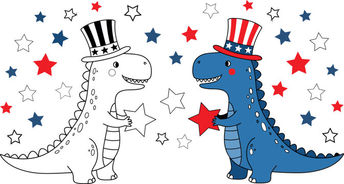 Two cartoon dinosaurs wearing patriotic uncle sam hats with stars and stripes isolated on transparent background