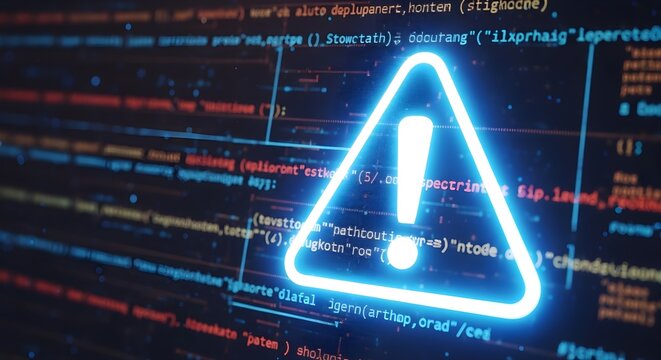 Digital alert icon illuminates in bright blue within a cascading waterfall of red and white computer programming code strings.