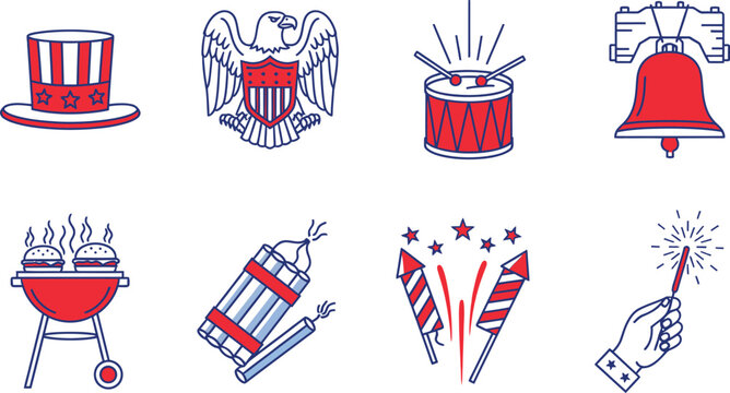 Fourth of july patriotic icons set including uncle sam hat eagle drum and fireworks isolated on transparent background