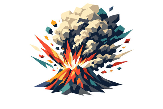 volcano ash burst, the action escalation showing the eruption at peak intensity with ash and rocks blasting outward, smoke