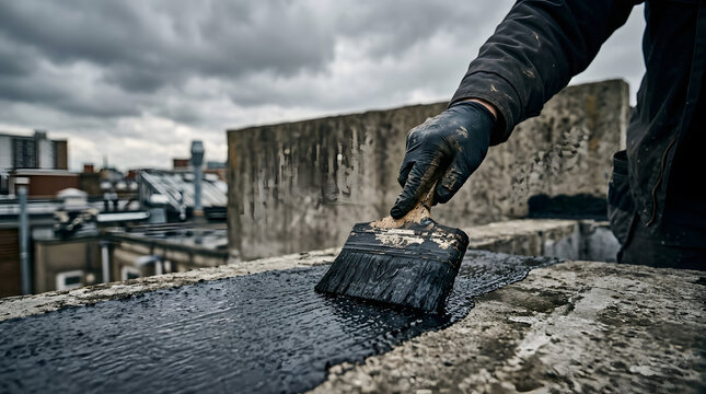 A close-up shot of a professional worker applying black waterproof liquid bitumen sealant with a wide brush onto a concrete flat roof surface during a cloudy day, focused on construction maintenance.