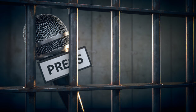 Conceptual view of a press microphone trapped behind dark metal prison bars, symbolizing media censorship, oppression of free speech, and the silencing of independent journalism.