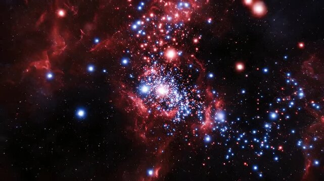 Red and blue star cluster flying through a cosmic nebula, ethereal space background representing eternal love, abstract cinematic motion for romantic and spiritual visual projects.