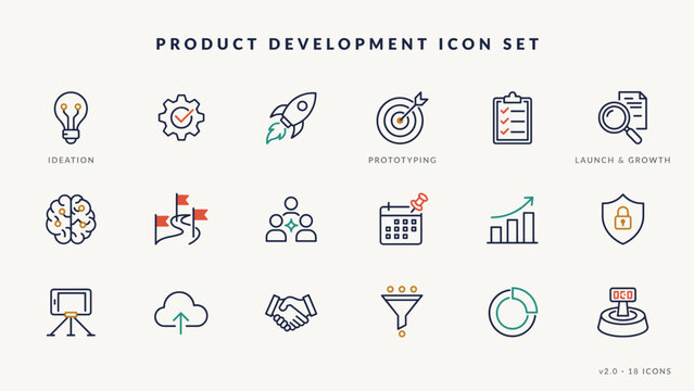 Product development and prototyping line icons - Ideal for software engineering roadmaps, creative design studios, or tech startup launches.