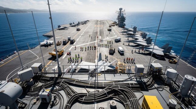 Large aircraft carrier on the ocean with many aircraft on its deck