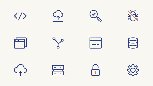 App deployment and website testing vector icons - Great for system architect presentations, technology company portfolios, or programmer workflow files.