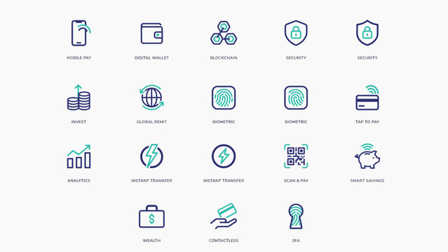 Mobile payment and blockchain finance line icons - Great for digital wallet tutorials, tech startup pitch decks, or economic research articles.