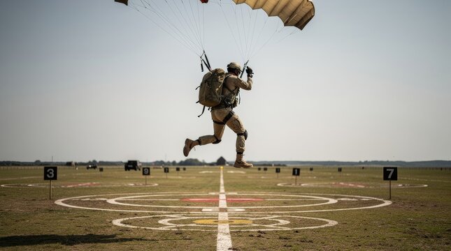 Military Skydiver Descending with Parachute Over Landing Zone