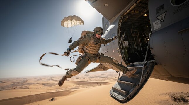 Military Skydiver Jumps From Aircraft Over Desert Landscape