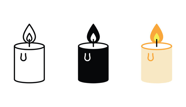 Lit candle flame vector icons set featuring wax cylinder design in outline solid black and warm glowing color styles for home decor and spiritual ambiance branding