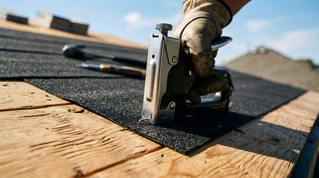 Professional Roofer Using a Manual Staple Gun to Install Black Asphalt Shingles on a Wooden Roof Deck During Residential House Construction and Exterior Renovation Project on a Sunny Day.