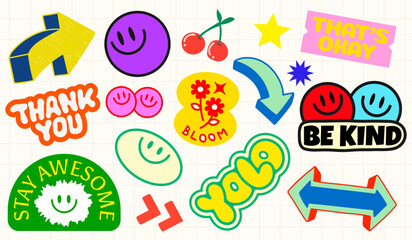 Obraz premium Colorful retro stickers with positive messages vector set