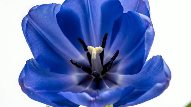 Blue tulip flower blooming on white background, macro opening of petals revealing center, romantic floral growth concept for wedding invitations, Valentine's Day, and luxury gifts.