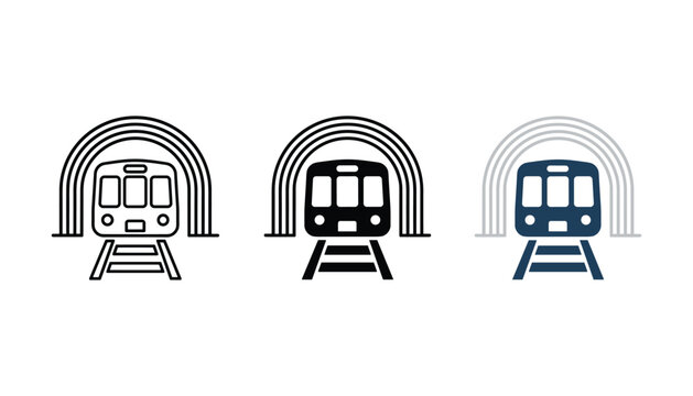 Three variations of subway train inside tunnel icon showing public transportation in line art solid black and blue flat color graphic design styles for transit maps or urban navigation apps