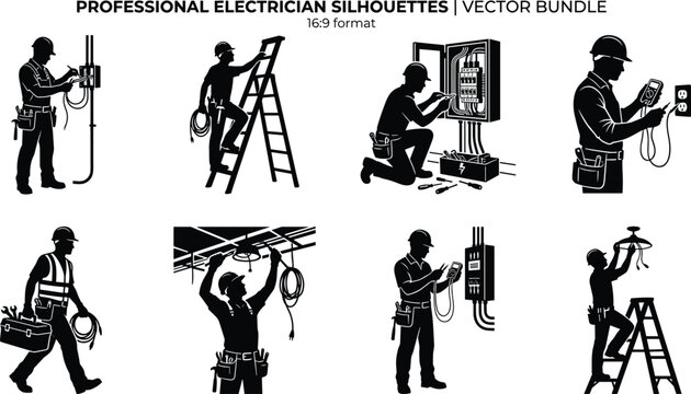 Professional electrician silhouette vector bundle featuring electrical repair service workers maintenance tools breaker panel and wiring installation icons