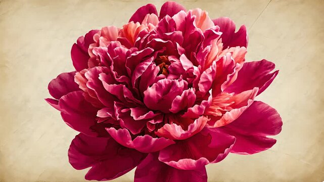Peony flower blooming in a painterly style on vintage parchment background, elegant floral opening animation, romantic botanical art for weddings, love, and luxury branding.